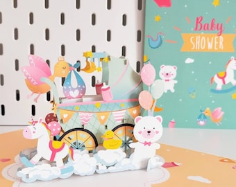 Muy lindo Nuevo tema de bebé - Pop Up 3D Greeting Card for New Baby, Stock Delivering Baby Card, Baby Pram Card, Baby Shower Invitation