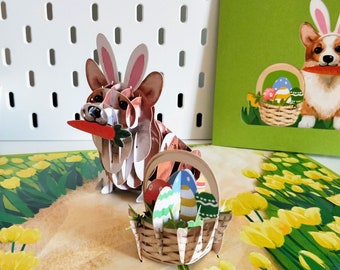 Corgi dans des oreilles de lapin de Pâques avec un panier d'oeufs de Pâques dans un champ de tulipes - Carte 3D Pop Up Joyeuses Pâques Fête des Mères Anniversaire Corgi Lover