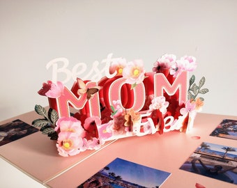 Best Mom Ever Custom Photo - 3D Pop Up Card for Mother's Day, Birthday, Pastel Flowers and Butterfly, Personalized Keepsake Gift for Mum