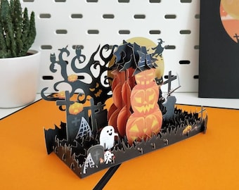 Halloween Pumpkin Ghost and Flying Witch - Pop Up 3D Greeting Card, 3D Pumpkin Ghost Bat Black Cat Card, Halloween Party Invitation, Decor