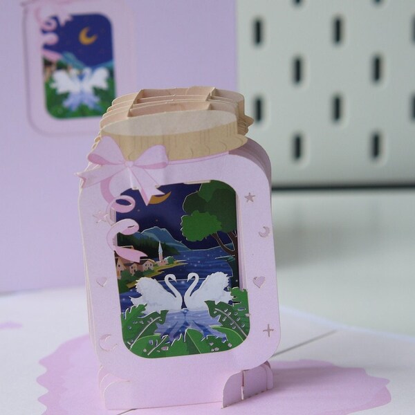 Swan Memory Jar - Carte Pop Up 3D Anniversaire Saint-Valentin Carte d’amour