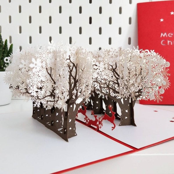 Sleigh Ride Dashing Through the Snow - Merry Christmas Pop Up 3D Greeting Card, Santa and Reindeers in Snow, Winter Forest Christmas Card