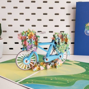 Flower Blossoming Bike - Pop Up 3D Card Father's Mother’s Day Birthday Valentines Wedding Anniversary Thank You Keepsake Bike Gift Card