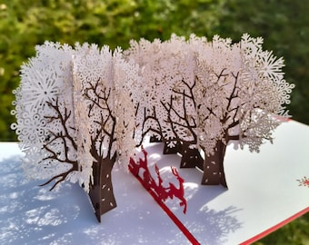 Nouvelle promenade en traîneau dans la neige - Carte de voeux 3D pop-up Joyeux Noël, père Noël et rennes dans la neige, carte de Noël forêt d'hiver