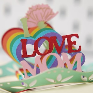 Cartão 3D I Love Mom- Pop Up Cartão de Dia das Mães Cartão de aniversário para mamãe em formato de coração com cravo