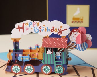 Happy Birthday Train - Pop Up 3D Greeting Card for Kids Son Daughter Nephew Niece Granddaughter Grandson