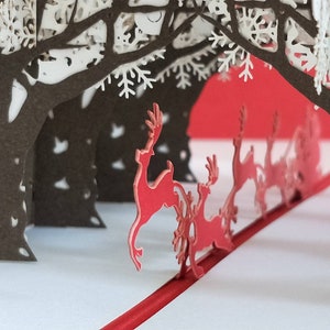 Sleigh Ride Dashing Through the Snow Merry Christmas Pop Up 3D Greeting Card, Santa and Reindeers in Snow, Winter Forest Christmas Card image 3