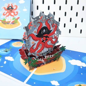 Pirate Octopus Ferris Wheel - Carte 3D pop-up pour un anniversaire amusant, la fête des pères, une carte pour garçon neveu petit ami occasions spéciales