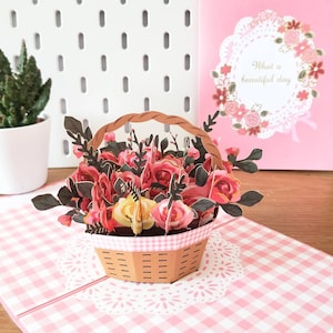 Rose Korb - Pop Up 3D Karte Muttertag Geburtstag Valentinstag Hochzeitstag Danke schön gut Andenken Blüten hält das ganze Jahr