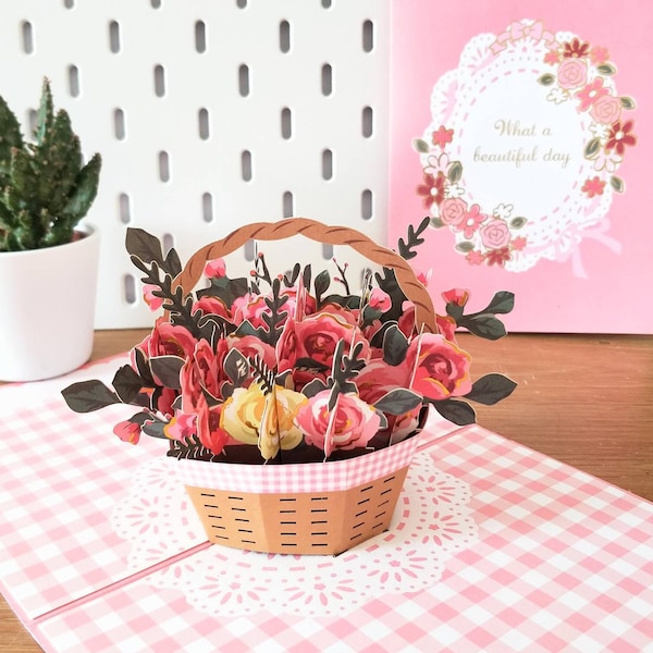 Panier de roses - Carte pop-up 3D Fête des Mères Anniversaire Saint Valentin Anniversaire de mariage Merci Remettez-vous bien Souvenir Les fleurs dureront toute l'année