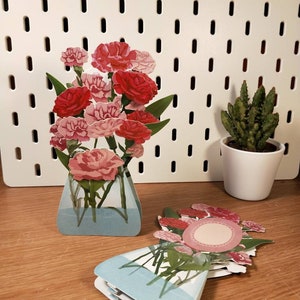 Garofano in vaso - Biglietto pop-up 3D, felice festa della mamma, anniversario, San Valentino, biglietto di auguri di compleanno, occasioni speciali