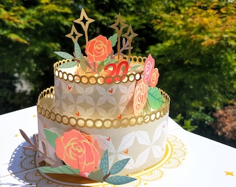 Elke leeftijd gepersonaliseerde Happy Birthday Cake met rozen - Pop-up 3D-kaart, verjaardagskaart voor moeder vrouw Nan zus dochter nichtje vriendin