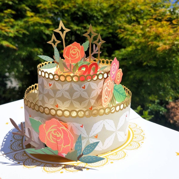 Gâteau de joyeux anniversaire personnalisé pour tous les âges avec des roses - Carte pop-up 3D, carte d'anniversaire pour maman femme nan soeur fille nièce amie