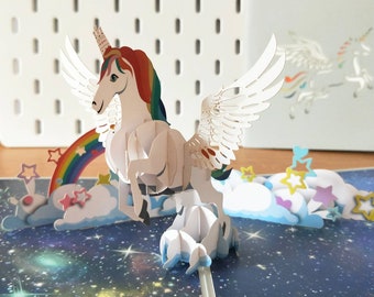 Licorne et arc-en-ciel personnalisés pour tous les âges - Carte de voeux 3D pop-up Carte d'anniversaire amusante pour enfants Fille nièce Petite-fille Occasions spéciales