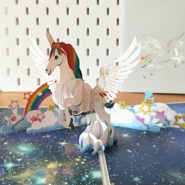 Licorne et arc-en-ciel personnalisés pour tous les âges - Carte de voeux 3D pop-up Carte d'anniversaire amusante pour enfants Fille nièce Petite-fille Occasions spéciales