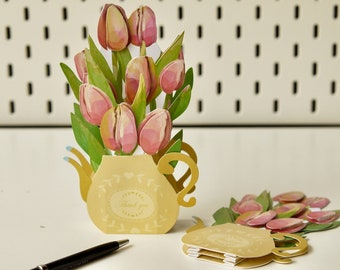 Tulipano in vaso - Biglietto floreale pop-up 3D per compleanno, San Valentino, matrimonio, anniversario, laurea, ringraziamento, guarigione, ricordo