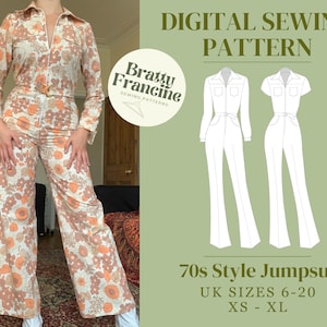70s Style Jumpsuit Digital pdf Sewing Pattern // UK Size 6-18 // XS-XL // Instant Download in 3 Printable Sizes //
