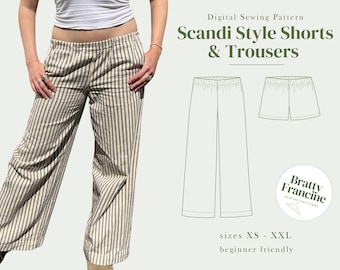 May include: A person wearing beige and white striped trousers. The image also features a digital sewing pattern for Scandi Style Shorts & Trousers. The pattern is beginner friendly and available in sizes XS-XXL.
