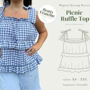 May include: A blue and white gingham picnic ruffle top with tie straps and tiered ruffles. The image also includes a line drawing of the top and the text "Picnic Ruffle Top" and "Digital Sewing Pattern". The pattern is available in sizes XS to XXL.