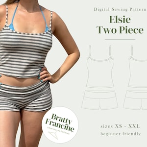 Puede incluir: Un conjunto de dos piezas con estampado de rayas, compuesto por una camiseta sin mangas y unos pantalones cortos. La imagen también incluye un patrón de costura digital etiquetado como "Elsie Two Piece" y el texto "Bratty Francine Sewing Patterns". El patrón está disponible en tallas XS a XXL y es apto para principiantes.