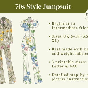70s Style Jumpsuit Digital Pdf Sewing Pattern // UK Size 6-18 // XS-XL ...