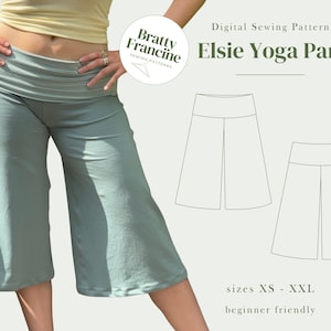 May include: Sage green yoga pants with a wide, fold-over waistband. The image includes the text Digital Sewing Pattern Elsie Yoga Pants, Bratty Francine Sewing Patterns, and sizes XS - XXL, along with a line drawing of the pants design.