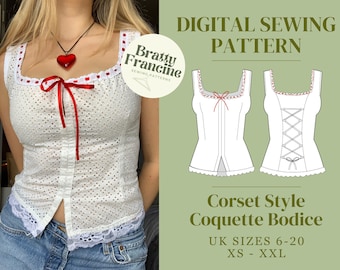 Corset Style Adjustable Coquette Bodice Digital pdf Sewing Pattern // UK Size 6-20 // XS-XXL // Instant Download in 3 Printable Sizes