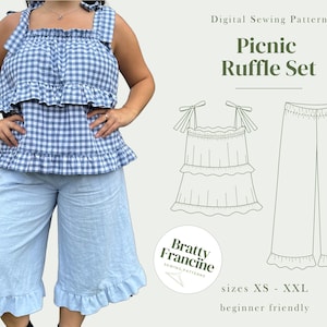 May include: A digital sewing pattern for a picnic ruffle set. The pattern includes a top and pants with ruffles. The pattern is available in sizes XS to XXL and is beginner friendly.