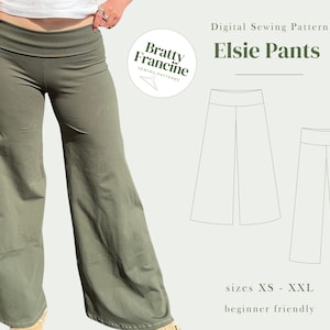 May include: Olive green wide-leg pants with a folded waistband. The image also features a digital sewing pattern for "Elsie Pants" with sizes XS to XXL, and the text "beginner friendly". The pants are shown on a person.