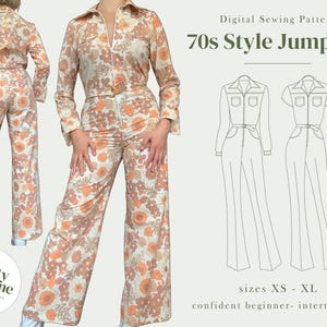 May include: Digital sewing pattern for a 70s style jumpsuit. The pattern includes instructions for sizes XS to XL and is suitable for confident beginners to intermediate sewers.