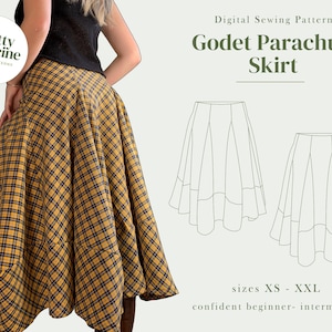 May include: A digital sewing pattern for a Godet Parachute Skirt by Bratty Francine. The image displays a yellow and black plaid skirt with a flared hem, alongside a technical line drawing of the skirt design, labeled sizes XS-XXL.