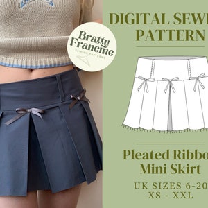 Pleated Ribbon Mini Skirt Digital pdf Sewing Pattern // UK Size 6-20 // XS-XXL // Instant Download in 3 Printable Sizes