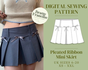 Pleated Ribbon Mini Skirt Digital pdf Sewing Pattern // UK Size 6-20 // XS-XXL // Instant Download in 3 Printable Sizes