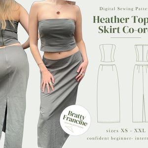 Op de afbeelding: Een digitaal naaipatroon voor een Heather Top & Skirt Co-ord. Het patroon bevat een strapless top en een rok met een split aan de voorkant. Het patroon is verkrijgbaar in de maten XS - XXL en is geschikt voor zelfverzekerde beginners tot gevorderde naaisters.