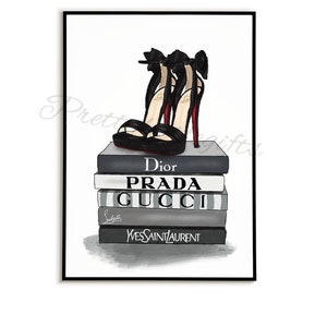  Brand Homage Poster Art Poster Decor High Heel Bookstack  Homage Art Canvas Art Chanel Louis Vuitton (A3 Size) : Home & Kitchen