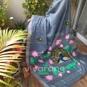 Pichwai Saree Linen Grey