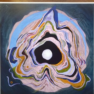 May include: Abstract painting with a swirling, layered design in shades of blue, green, yellow, and pink. The center of the painting features a black circle with a white circle inside.