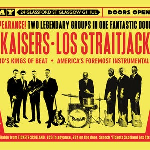 May include: A concert poster advertising a show featuring The Kaisers and Los Straitjackets. The poster is yellow with red and black accents. The poster features a silhouette of the bands performing on stage. The text on the poster reads "SLAY", "The Kaisers - Los Straitjackets", "Scotland's Kings of Beat", "America's Foremost Instrumental Combo", "Doors Open 7PM", "Fri 27 Sept 2024", "Show Starts 7:30 Sharp", "Tickets available from Tickets Scotland. £20 in advance, £24 on the door. Search 'Tickets Scotland Los Straitjackets'."