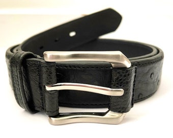Cinturón de piel auténtica de avestruz para hombre - Negro