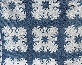 May include: A blue and white quilt with a repeating pattern of white floral designs on a blue background.