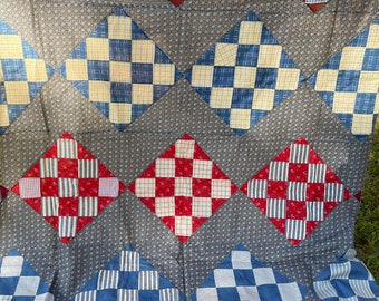 Nine patch variation quilt top-late 1800s fabrics