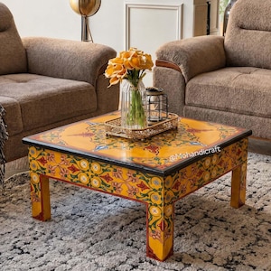 Hand Painted Moroccan Wood Table, Handmade Redwood Golden Floor Table, Boho Luxury Living Room Decor, Mohandicrafts