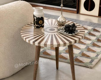 Moroccan Handmade Wood Sunburst Side Table, White Resin Tripod Table, Boho Luxury Living Decor, Mohandicrafts