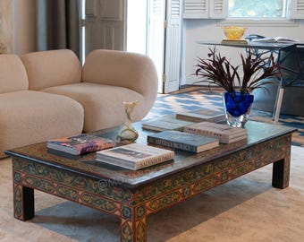 Hand Painted Moroccan Wood Coffee Table, Artisan Bois Rouge Low Table, Luxury Boho Living Room Decor | Mohandicrafts