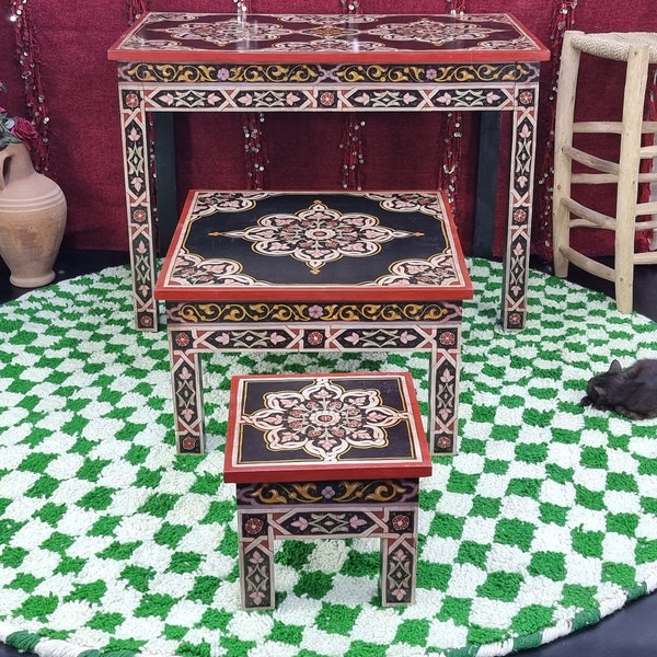 STUNNING HANDPAINTED Wooden Table, Moroccan Handmade Black Floral Table, Cute Coffee End Table, UNIQUE Desk Office Table, Amazing Sofa Table