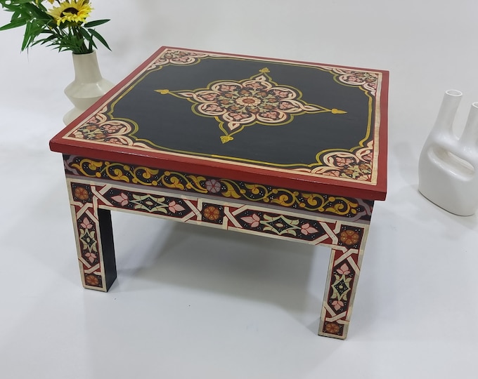 Featured listing image: UNIQUE Black Coffee Table, Handmade & HAND-PAINTED with Florals, Unique Coffee Table Inspired from Beautiful Moroccan Old Traditional Decor