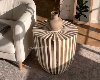 Walnut Resin Side Table, Handmade Round Wood Accent Table, White Striped Sunburst Drum Table, Unique Side Table, Walnut Resin End table