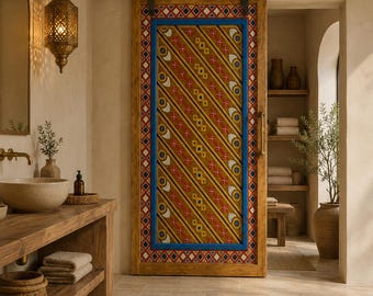 Moroccan Hand Painted Sliding Barn Door, Handmade European Redwood, Geometric Diamond Pattern, Rustic Luxury Decor, Boho Door