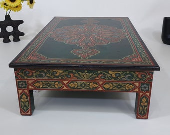 Unique HANDPAINTED COFFEE TABLE, Cocktail Dark Green Table, Unique Low Table, Dining Table, Colorful Orangy Red Geo Design Table, Sofa Table