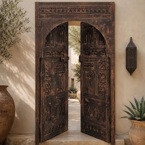 WOODEN Double Panel DOOR, Handcrafted Moroccan Wood Door, Made To Order CARVED Berber Door, Luxury Moroccan Style Brown Door.